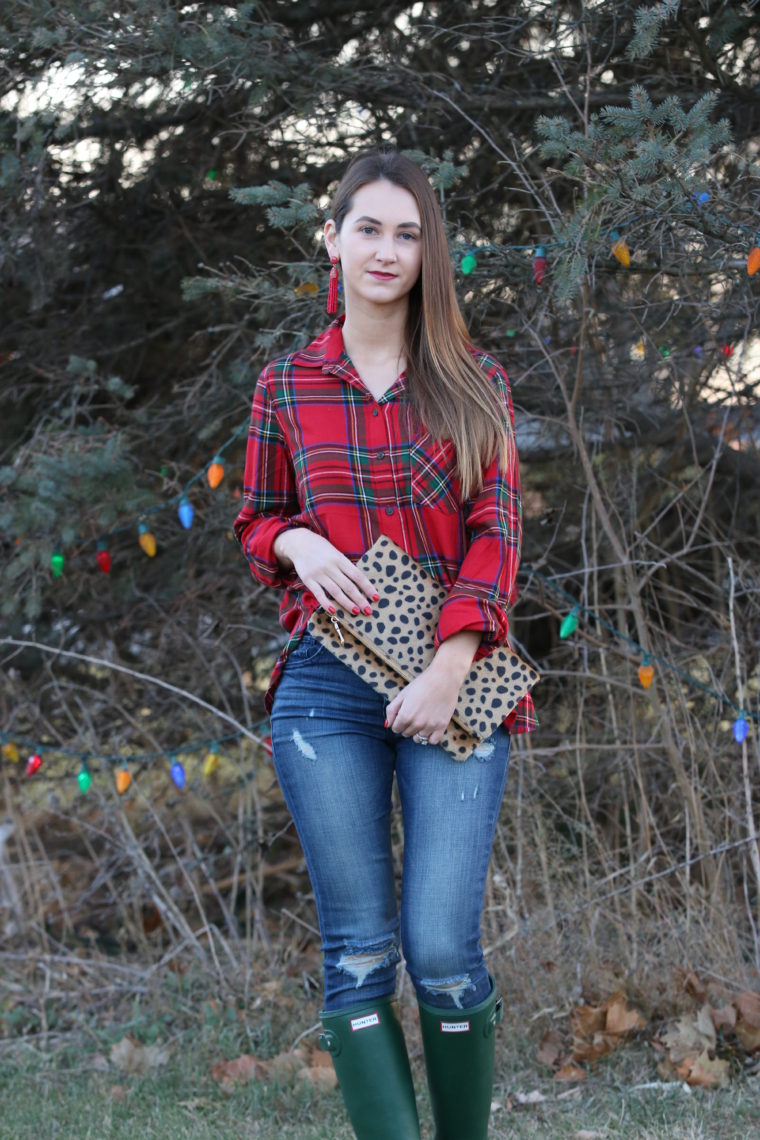 for the love of glitter, leopard clutch, plaid long sleeve