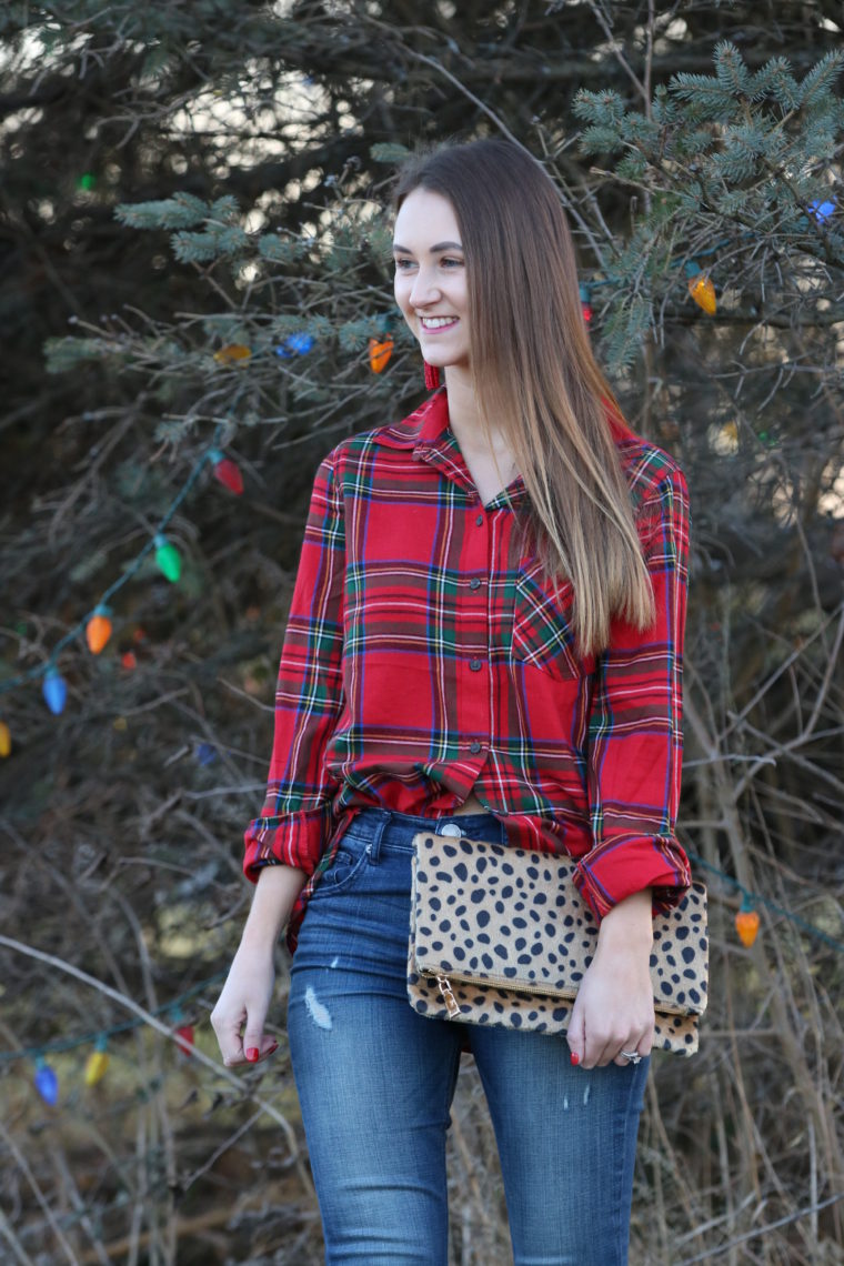 leopard clutch, plaid flannel, red tartan