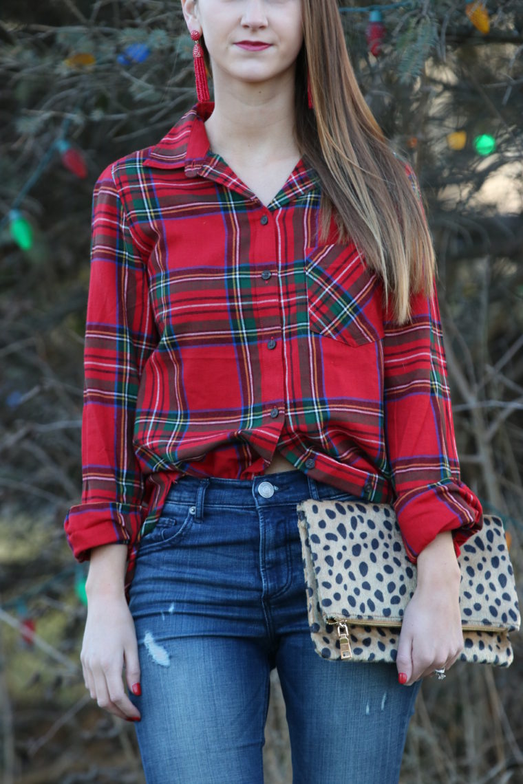 Christmas plaid, leopard clutch, holiday style