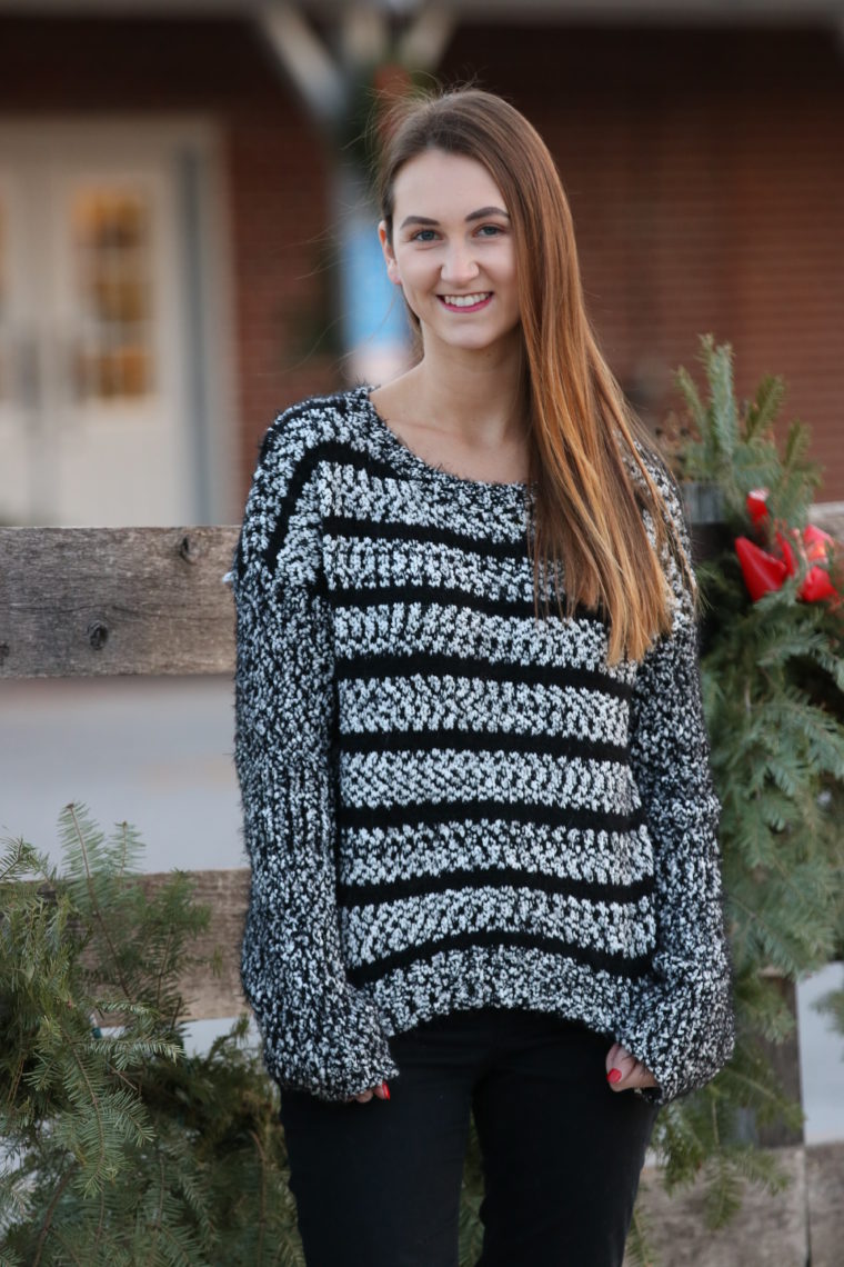 for the love of glitter, black and white sweater, winter style