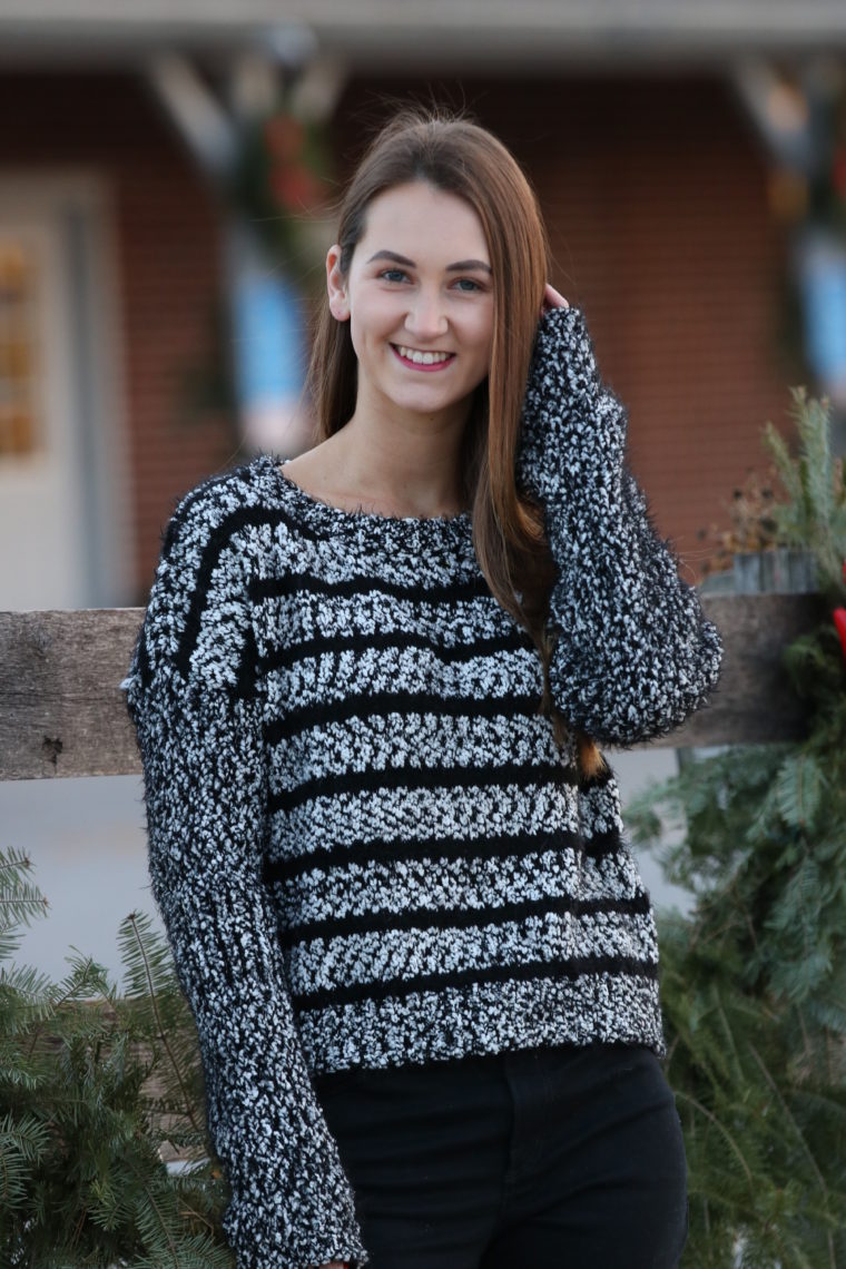 for the love of glitter, fuzzy sweater, winter style, striped sweater