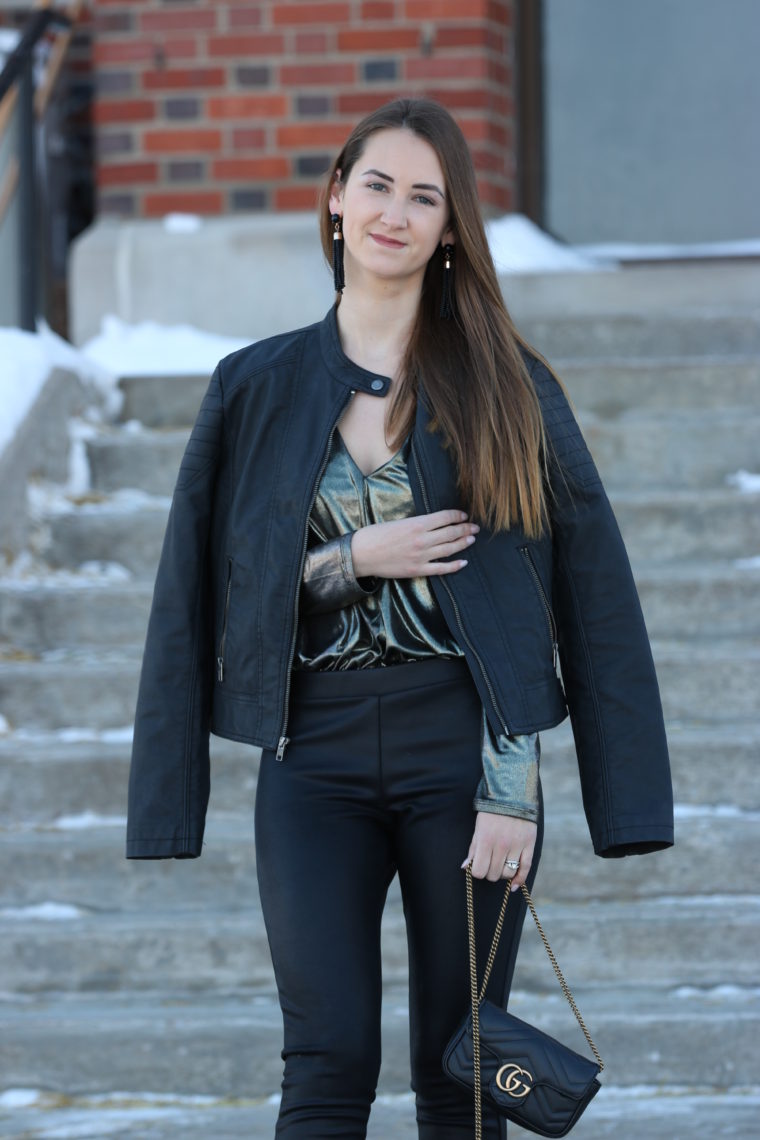 NYE outfit, metallic bodysuit, black moto jacket, faux leather leggings