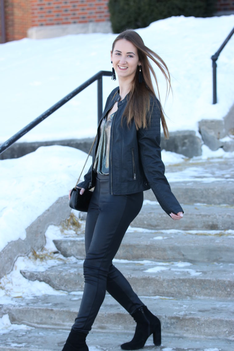black faux leggings, black moto jacket, NYE outfit, for the love of glitter