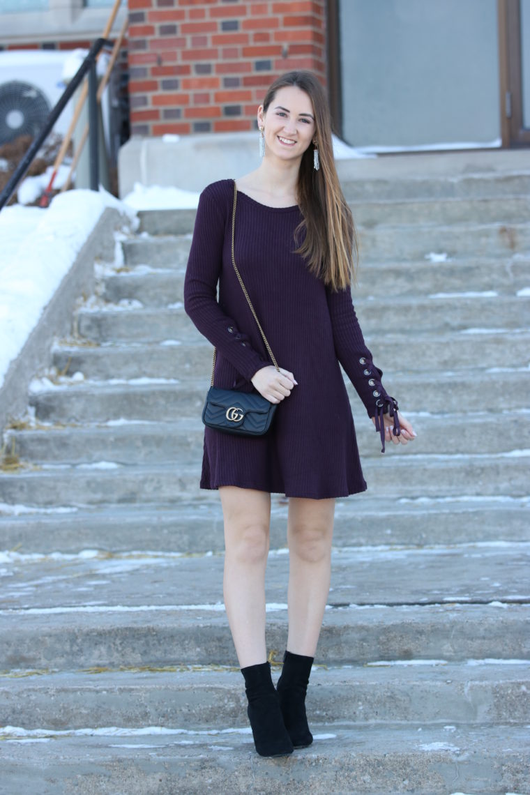 black Gucci bag, purple lace-up sleeve dress, winter style