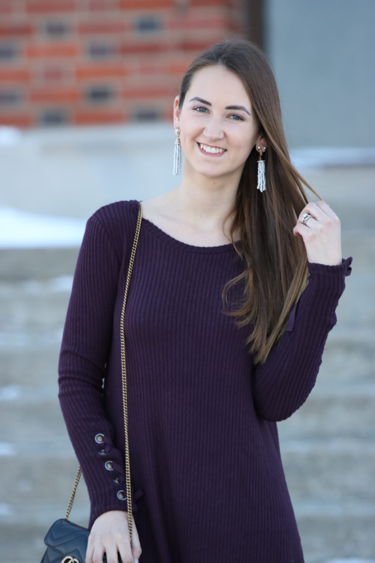 dark purple dress, tassel earrings, winter style