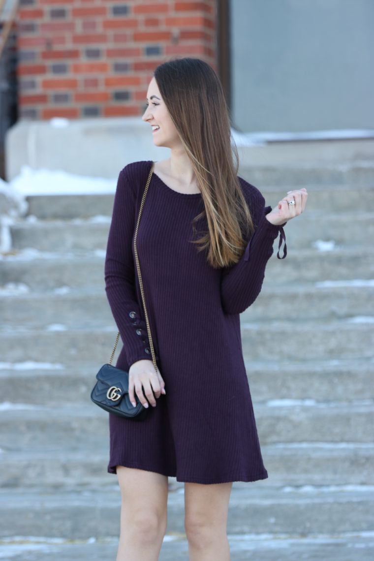 dark purple dress, black Gucci bag, winter style