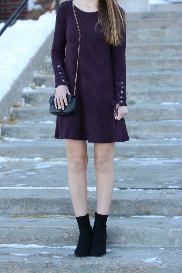 dark purple dress, black sock booties, winter style