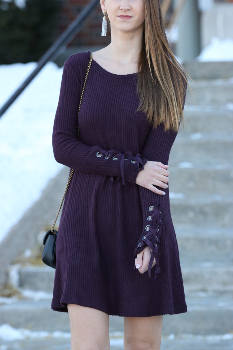 lace up sleeve dress, dark purple dress, winter style