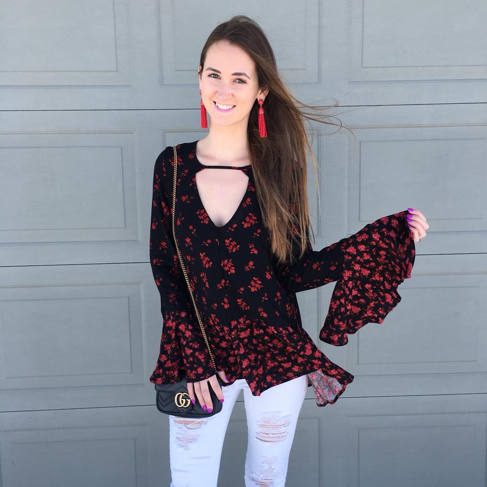 Gucci bag, Valentine's Day day outfit, bell sleeve top