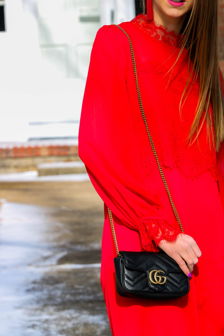 red lace dress, black Gucci bag, date night look 