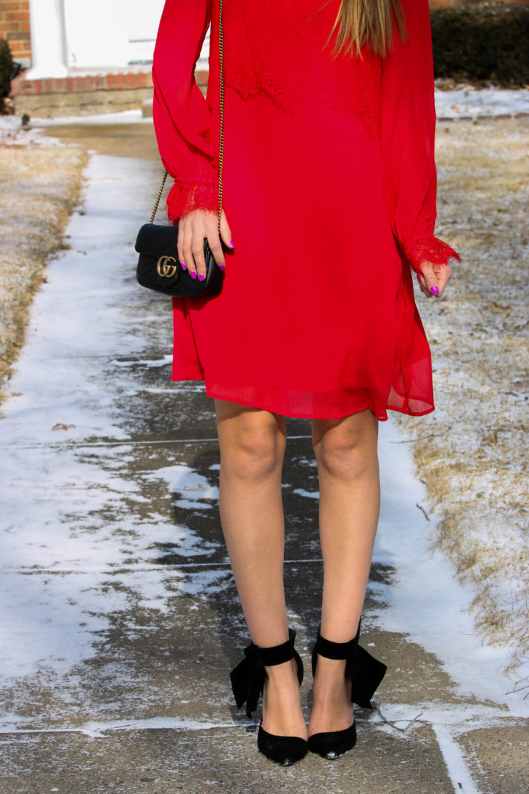 black bow heels, black Gucci bag, Valentine's Day dress