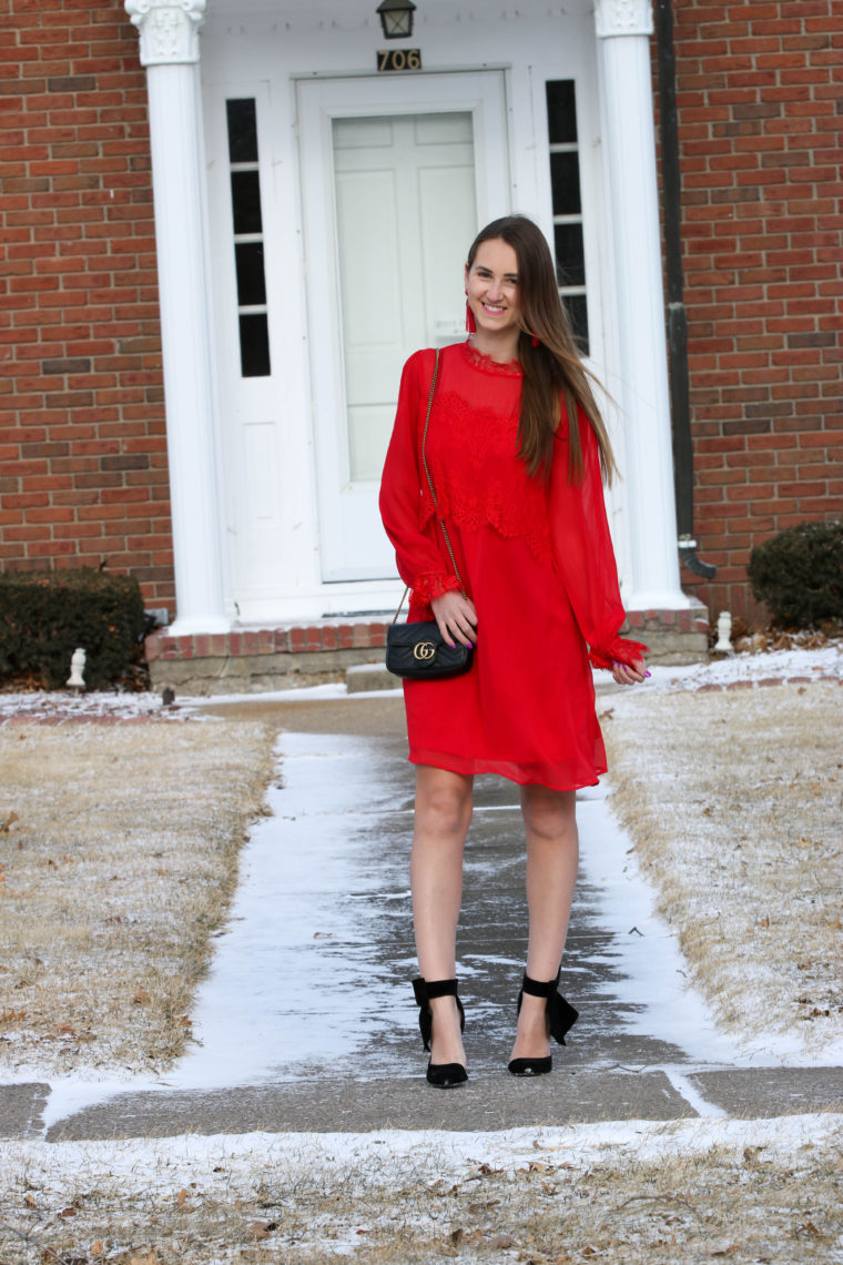 Valentine's Day dress, red lace dress, black Gucci bag