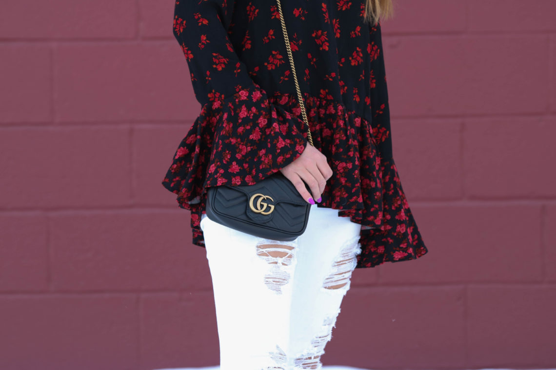 peplum top, black Gucci bag