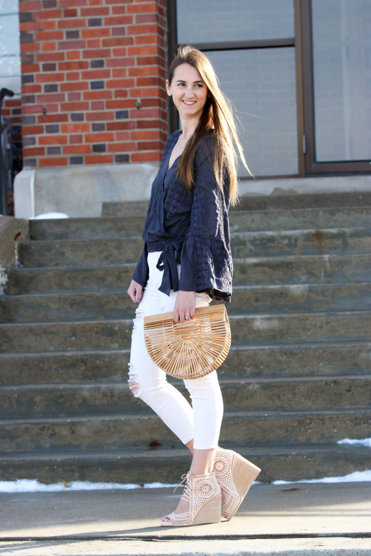 Eyelet Bell Sleeve Wrap Top, spring style. Cult Gaia bag