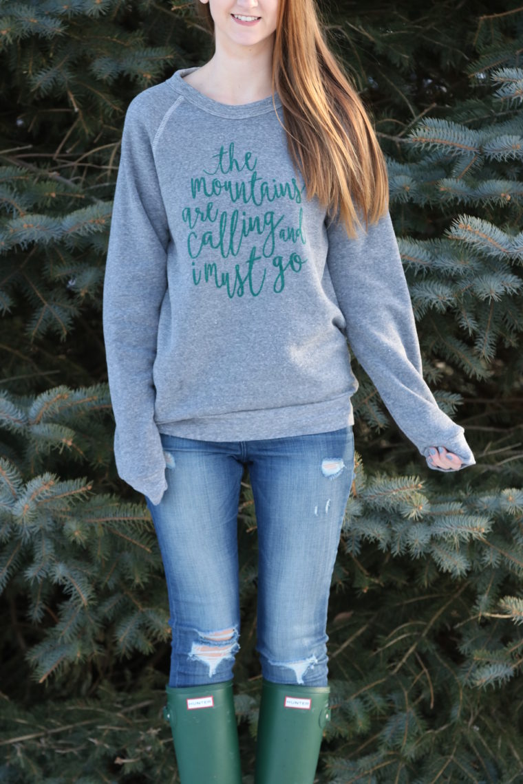 winter style, mountains are calling sweatshirt, green hunter boots