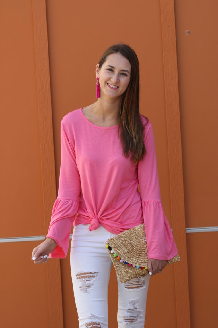 bell sleeve top, pom pom clutch, tassel earrings, spring style