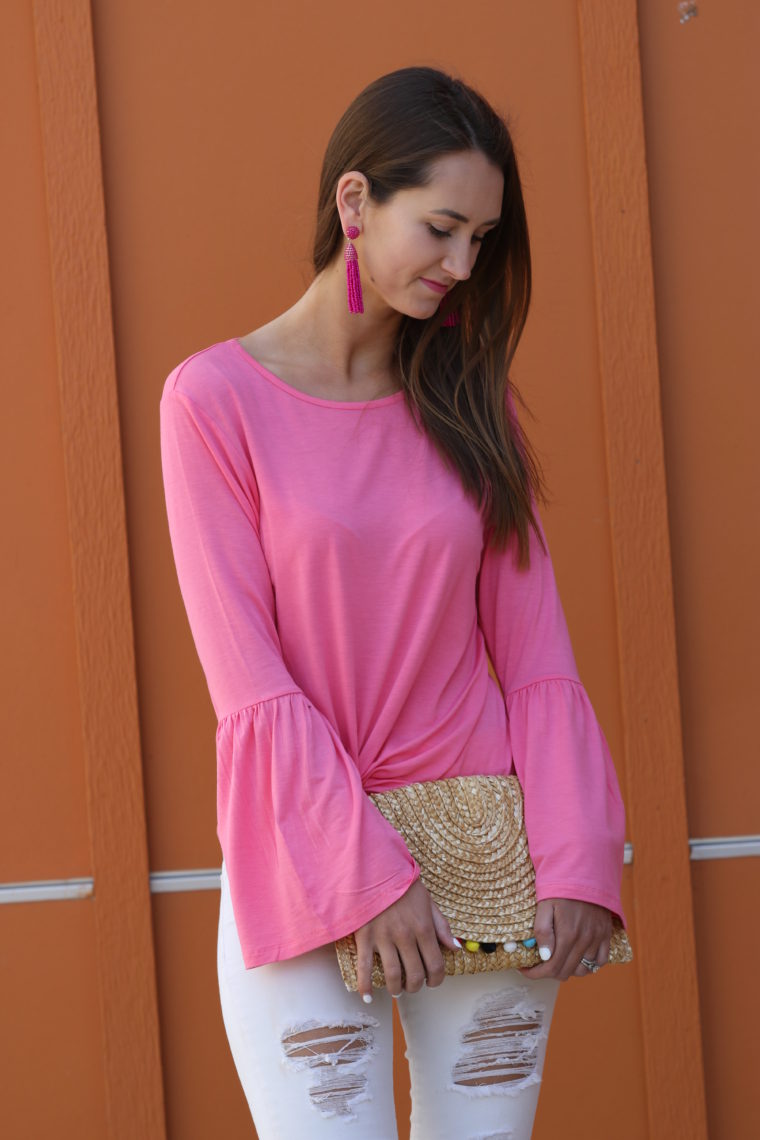 pink bell sleeve top, pom pom clutch, white denim, spring style
