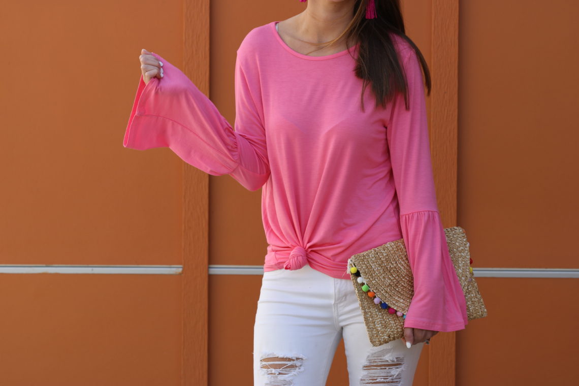 bell sleeve top, pom pom clutch, spring style