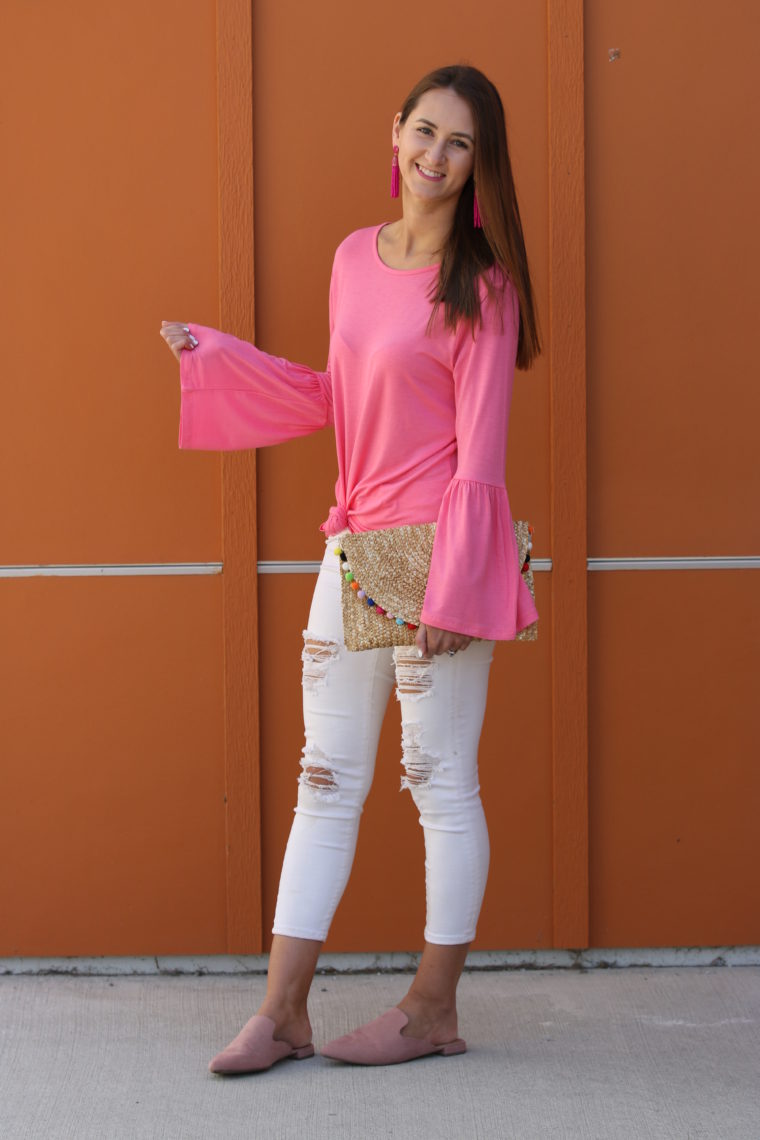 bell sleeve top, pink bell sleeve top, pom pom clutch, spring style