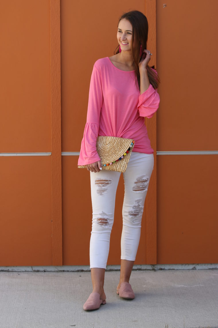 bell sleeve top, pink mules, spring style