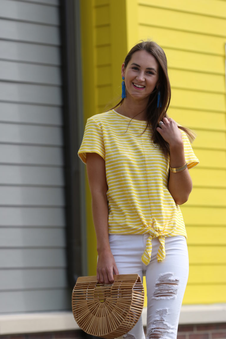 Yellow & White Striped Tie-Front Shirt