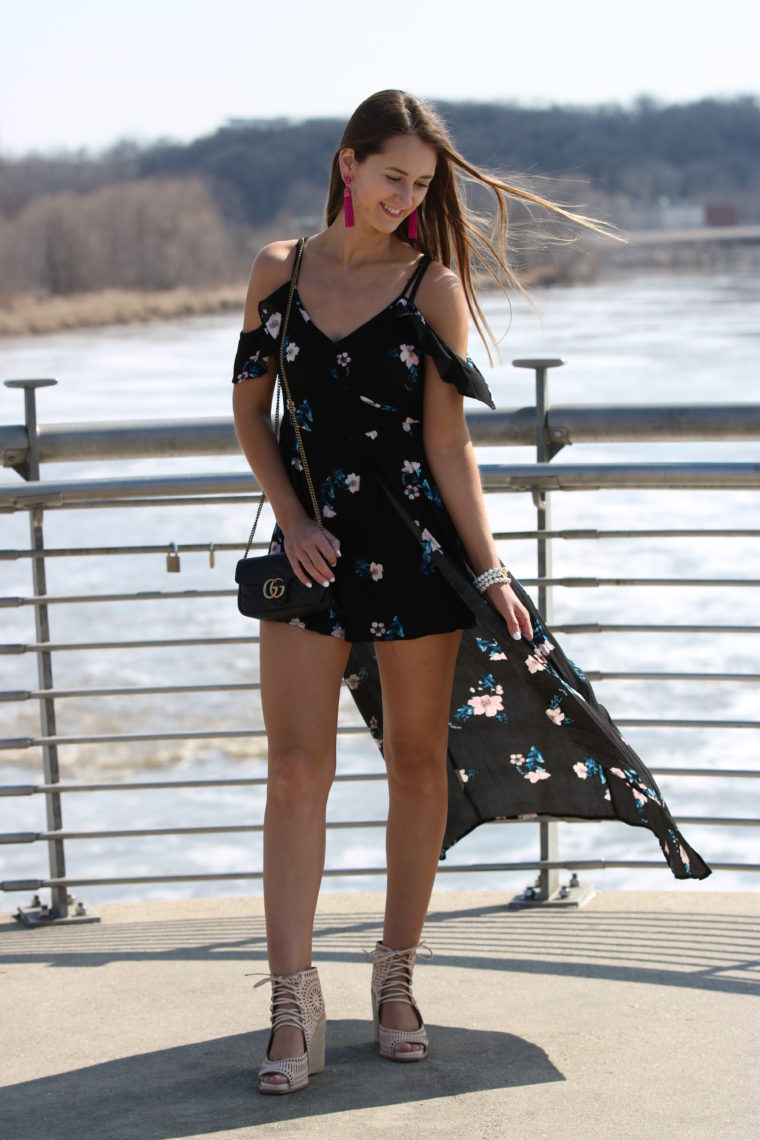 maxi romper floral romper, spring style, Gucci bag