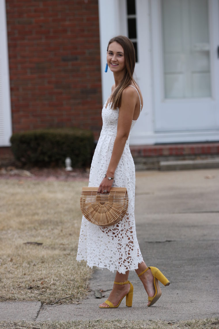 lace midi dress, Cult Gaia bag, spring style