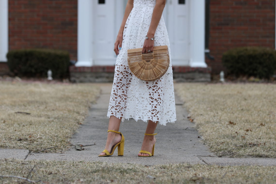 lace midi dress, yellow block heels, Cult Gaia bag