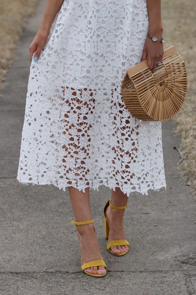 lace midi dress, Cult Gaia bag, yellow block heels, spring style