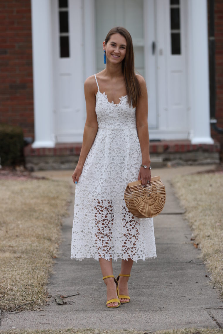 lace midi dress, spring style, Cult Gaia bag