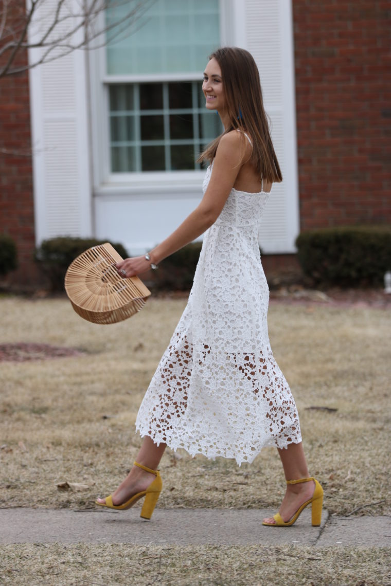 lace midi dress, Cult Gaia bag, spring style, Easter dress