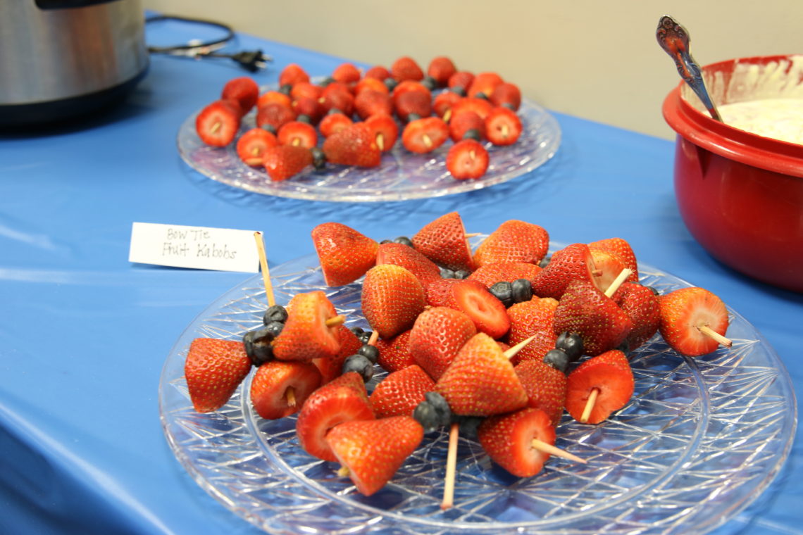 bow tie birthday party, bow tie fruit kabobs