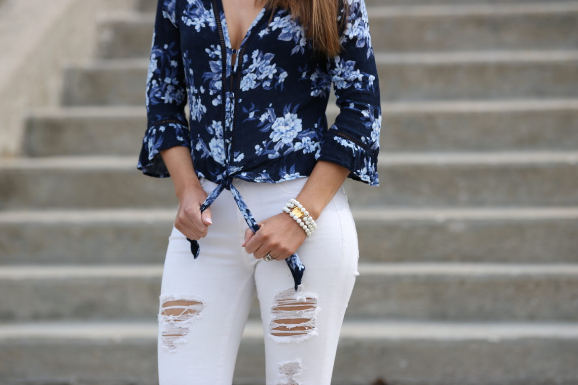 tie front blouse, floral ruffle hem blouse, spring style