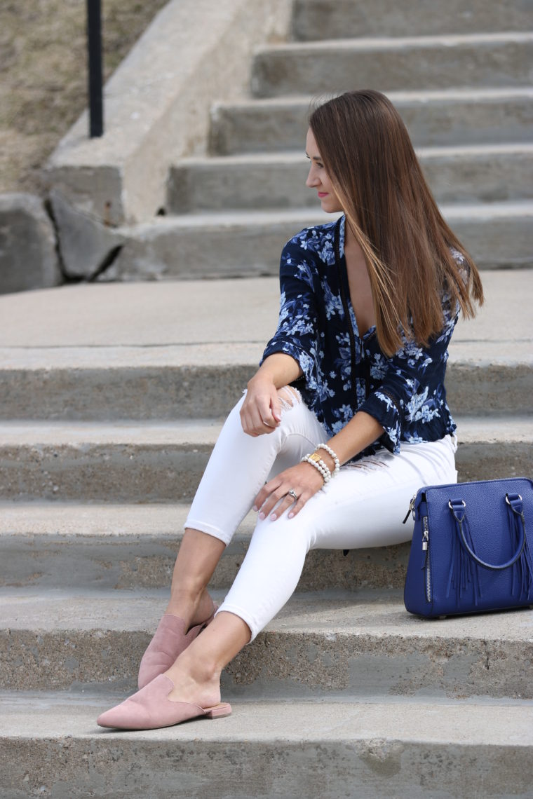 white denim, pink mules. floral blouse