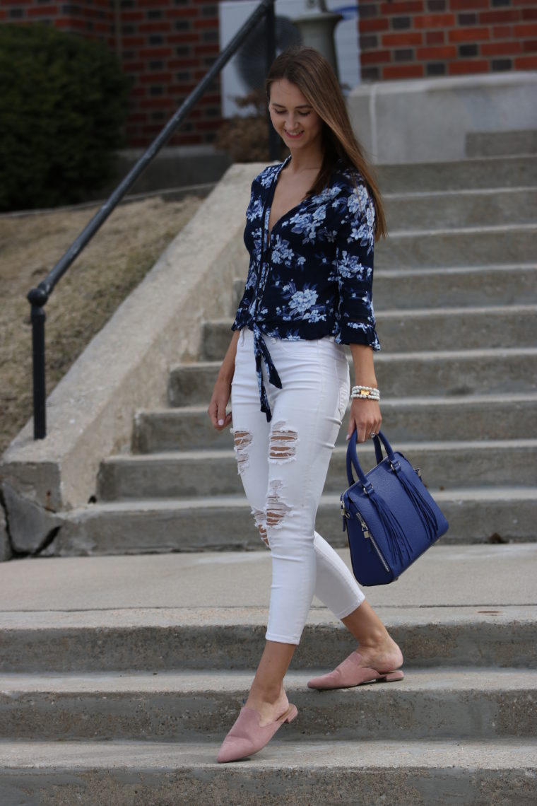 floral ruffle hem button down blouse, spring style