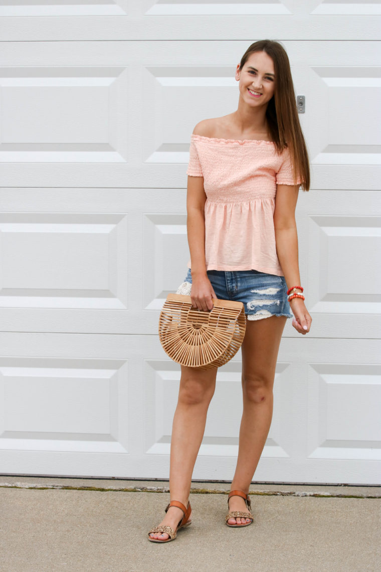 smocked off the shoulder top, summer style. Cult Gaia bag