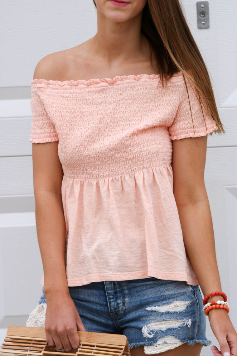 smocked off the shoulder top, pink peplum top, summer style, for the love of glitter