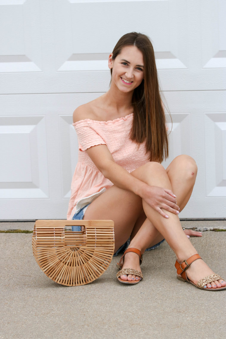 smocked off the shoulder top, Cult Gaia bag, summer style