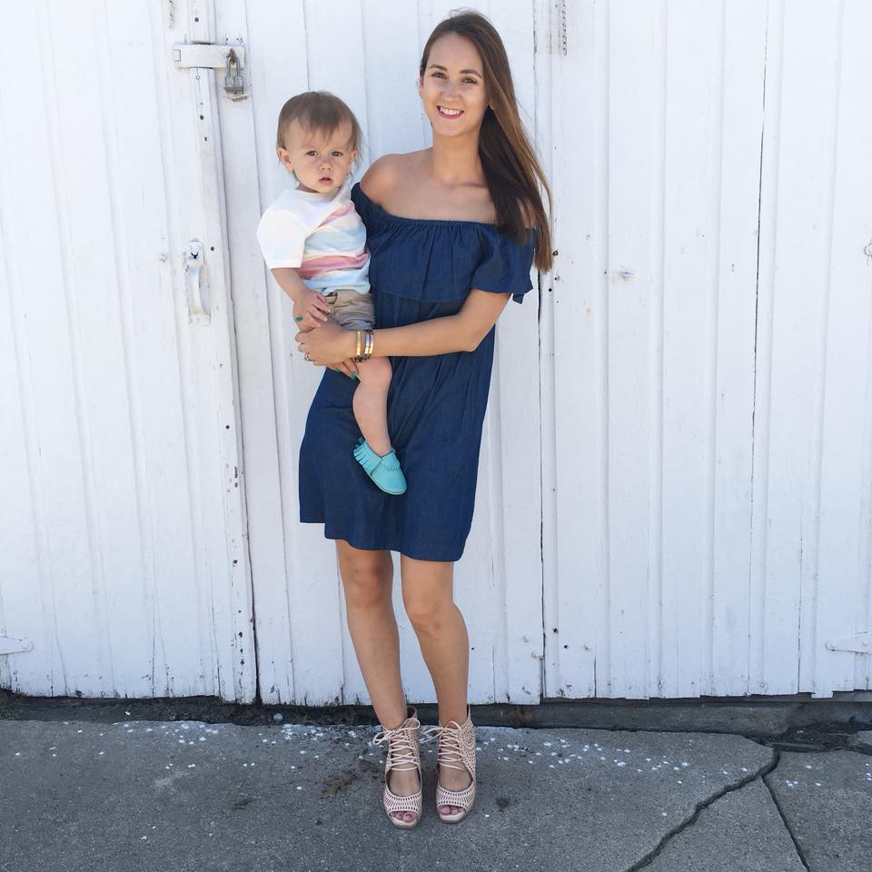 denim off the shoulder dress, Freshly Picked moccasins 