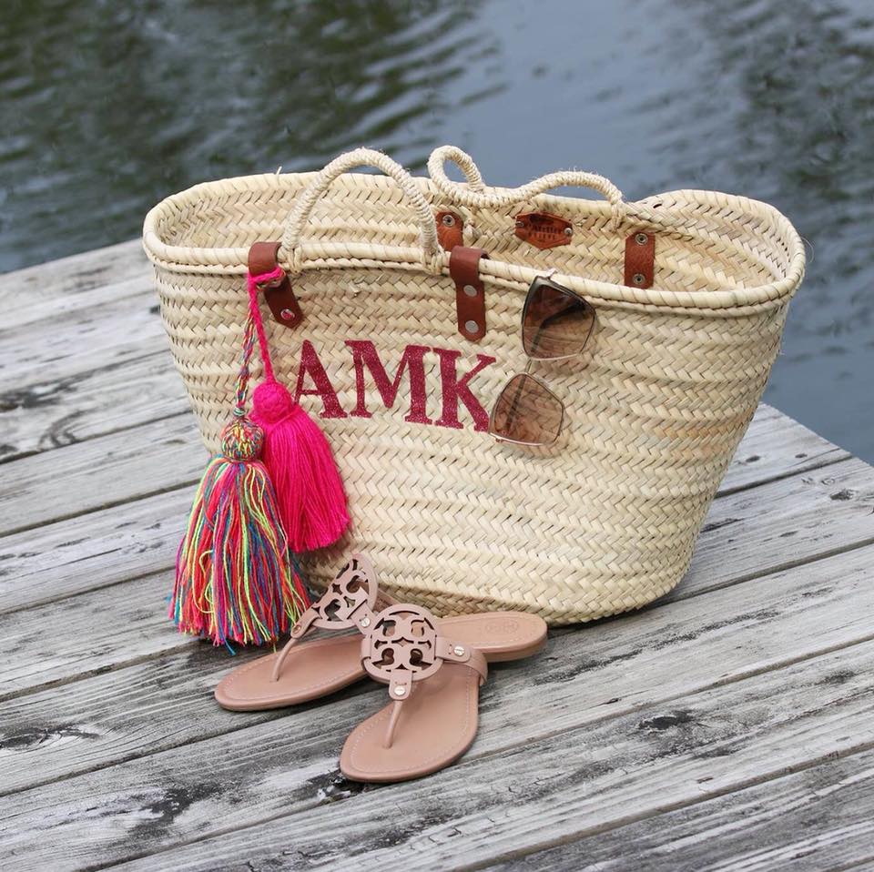 monogram straw tote, Tory Burch Miller sandals, beach essentials