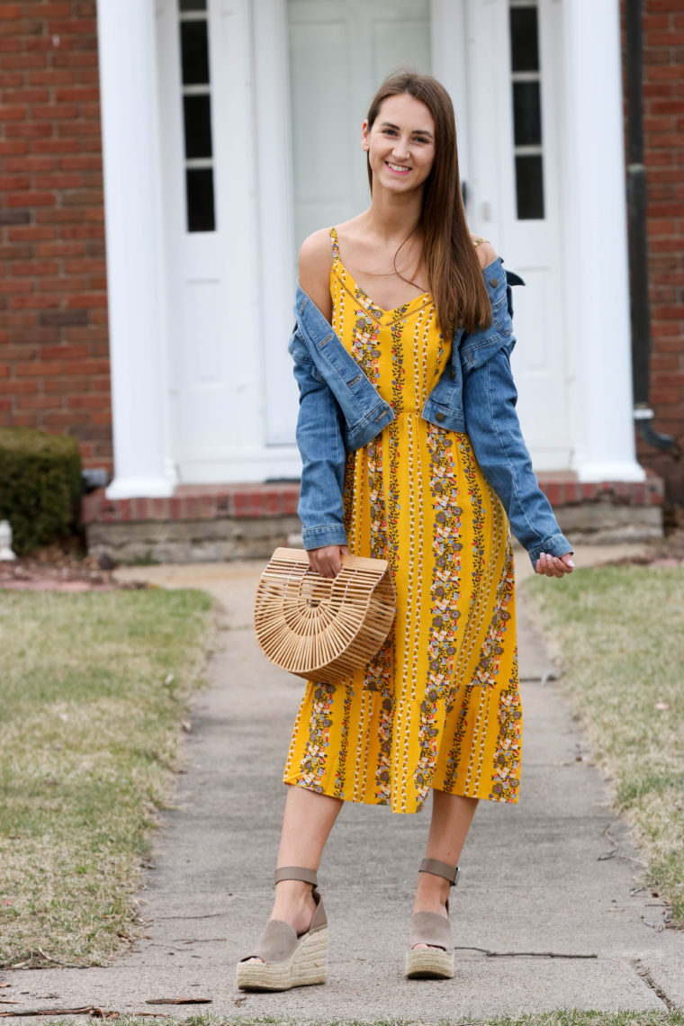 yellow dress with denim jacket