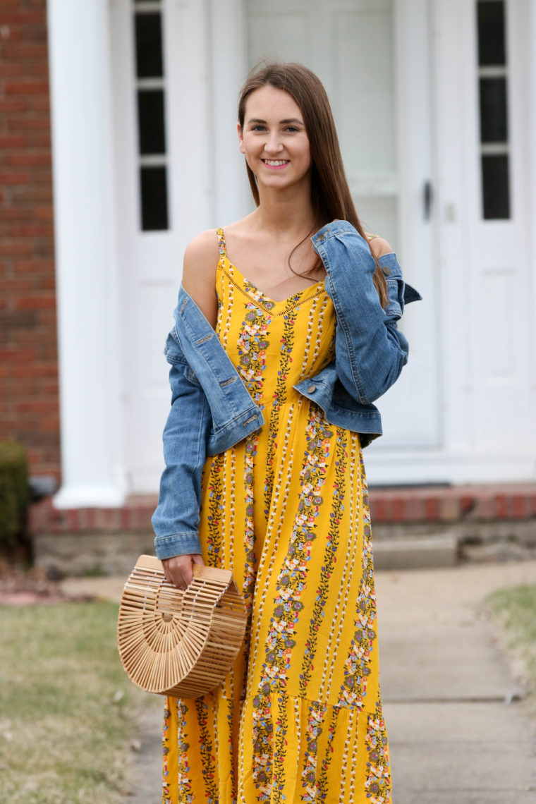 yellow cami dress, Cult Gaia bag, spring style