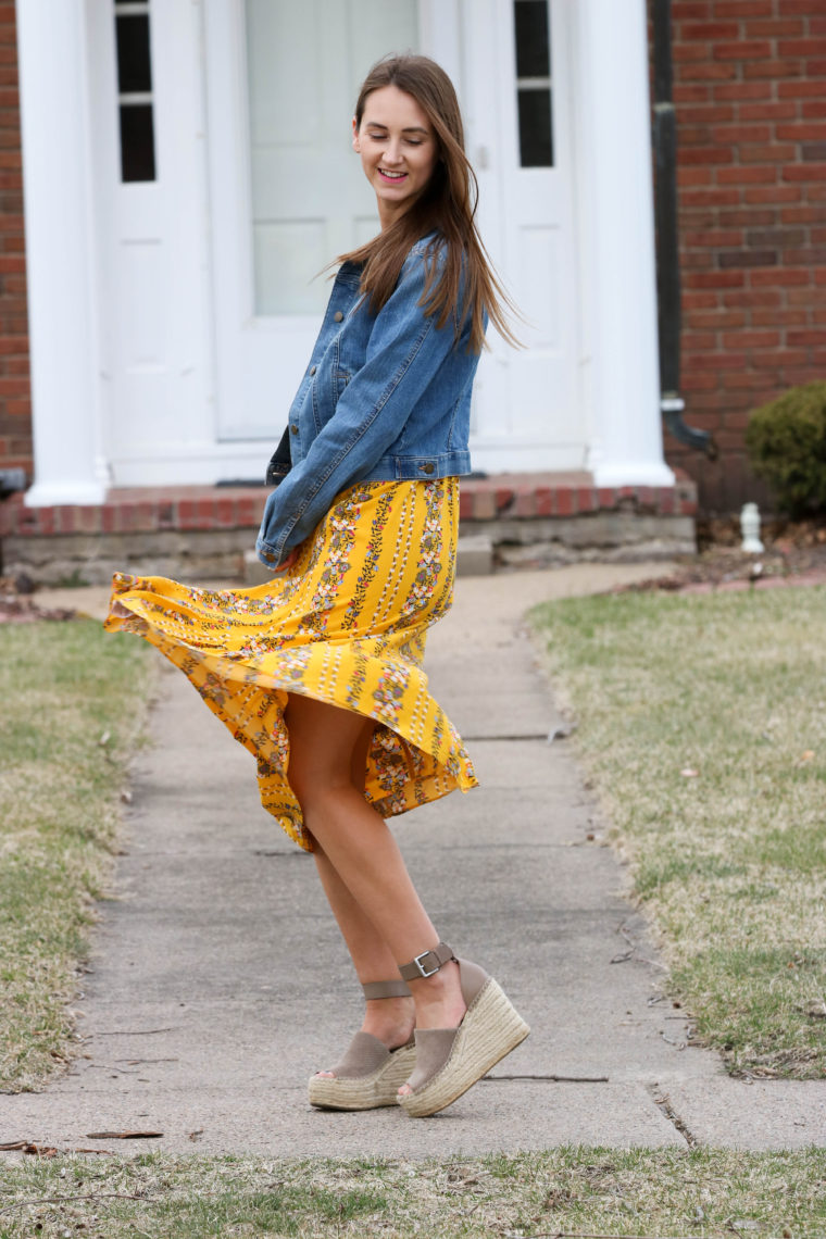 yellow floral fit & flare dress, spring style. denim jacket