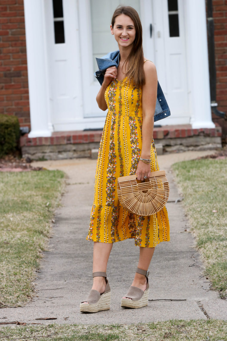 Cult Gaia bag, floral midi dress, fit & flare dress, spring style