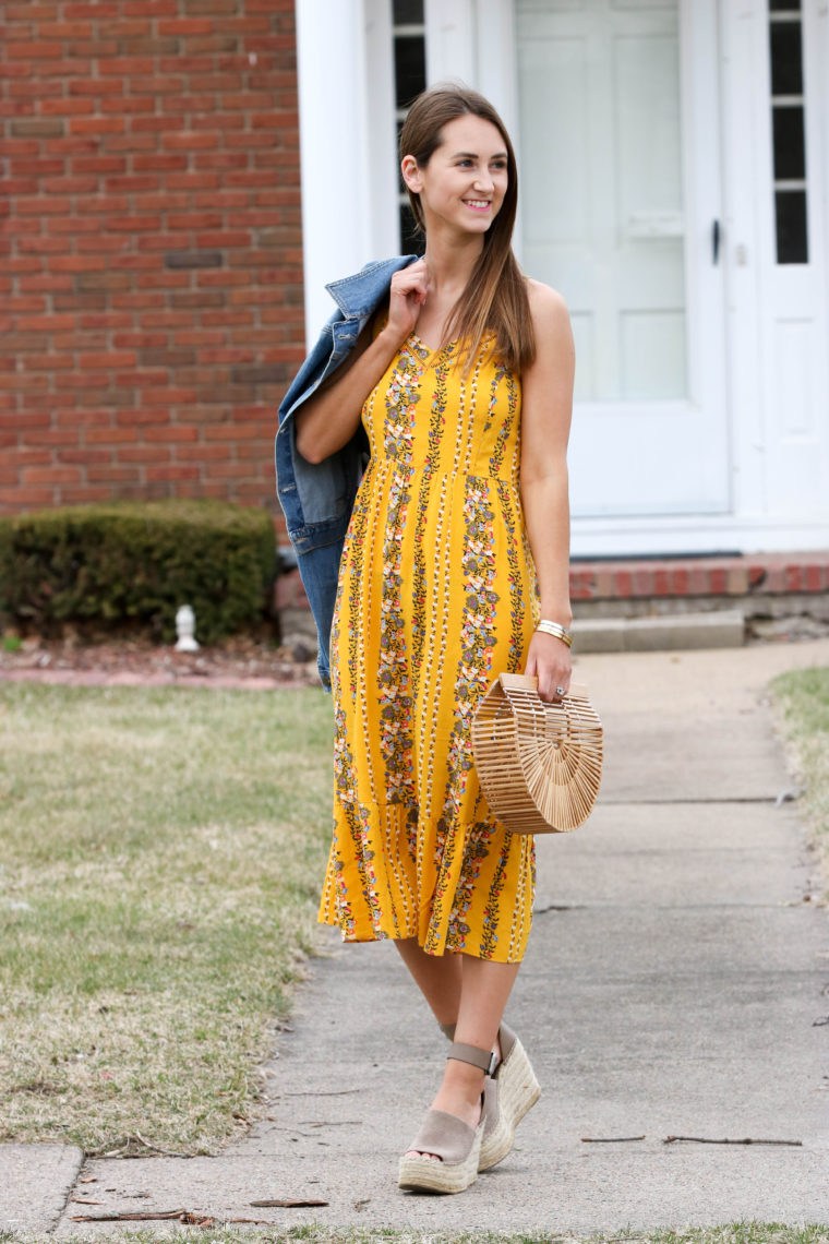 yellow fit & flare dress, cami dress, spring style, Cult Gaia bag