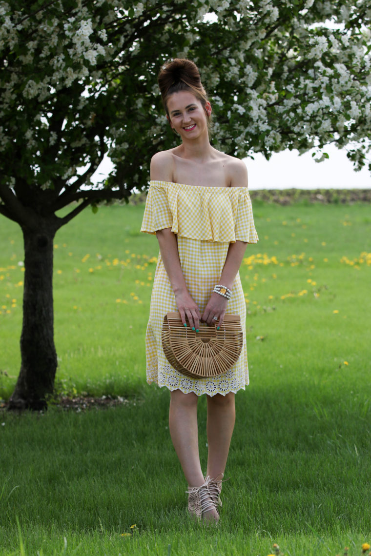 off the shoulder dress, yellow gingham dress, spring style, Cult Gaia bag