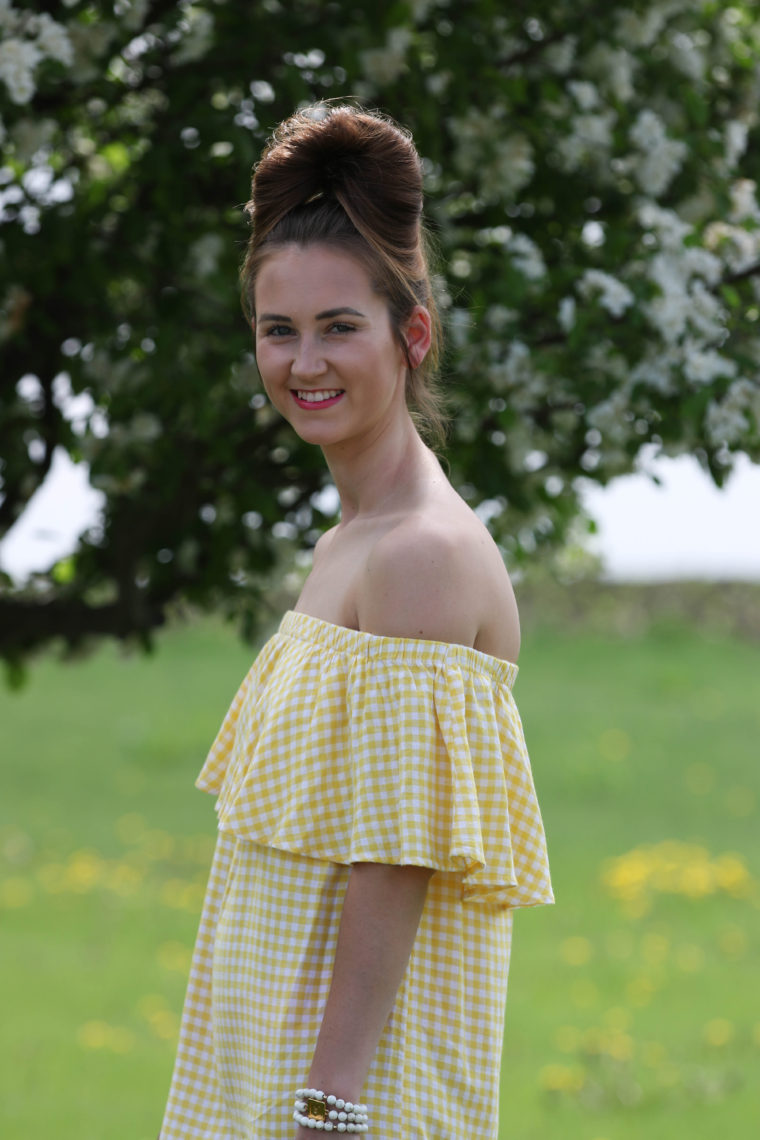 off the shoulder dress. yellow gingham dress, spring style