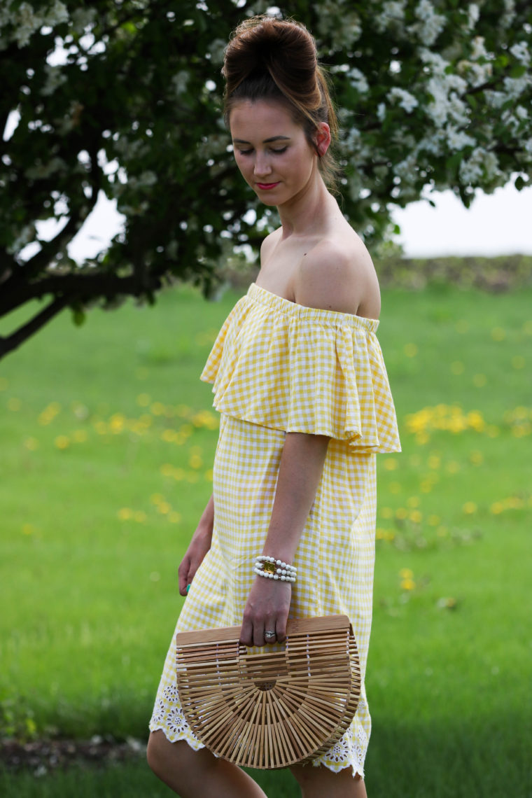 off the shoulder dress, yellow gingham dress, Cult Gaia bag, spring style