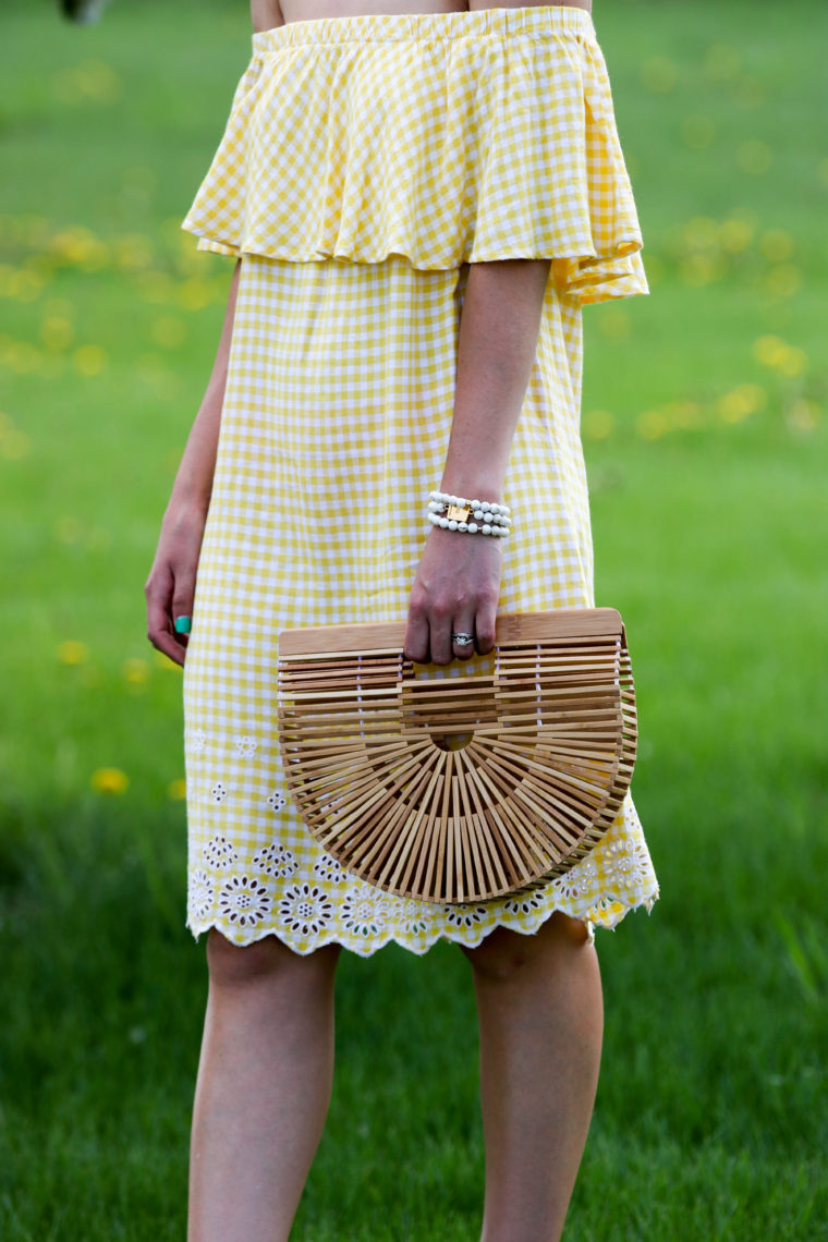 Cult Gaia bag, eyelet dress, yellow gingham dress, spring style