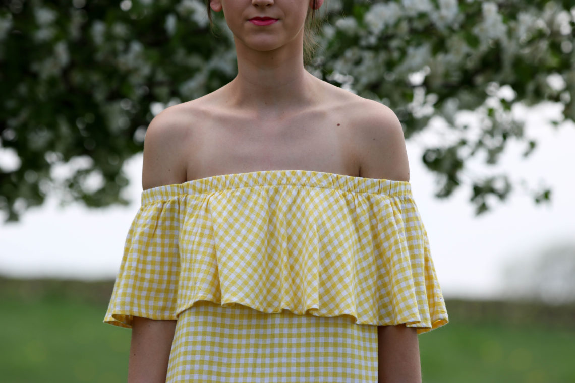 off the shoulder dress, yellow gingham dress, spring style